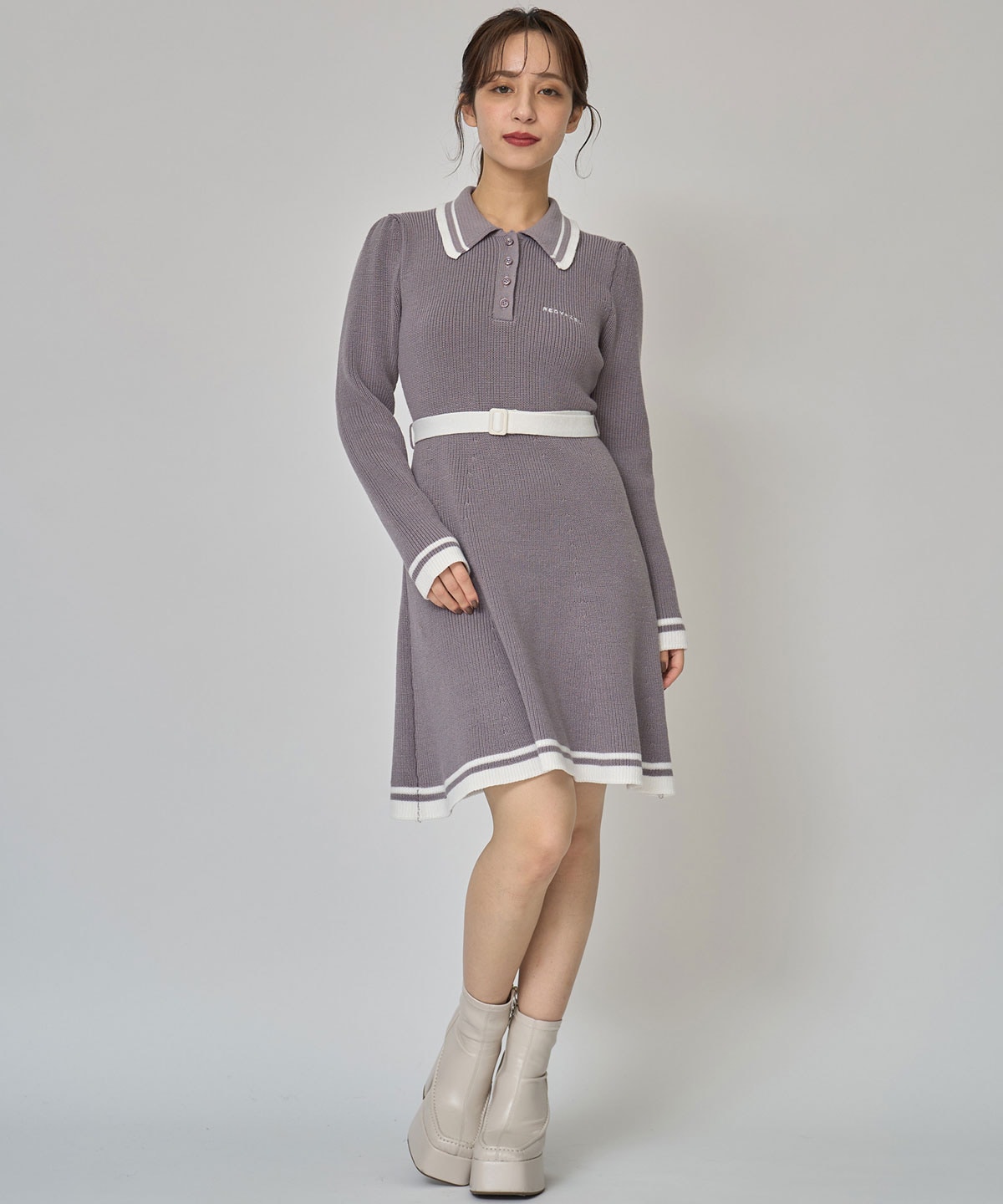 バイカラーポロニットロングスリーブミニワンピース