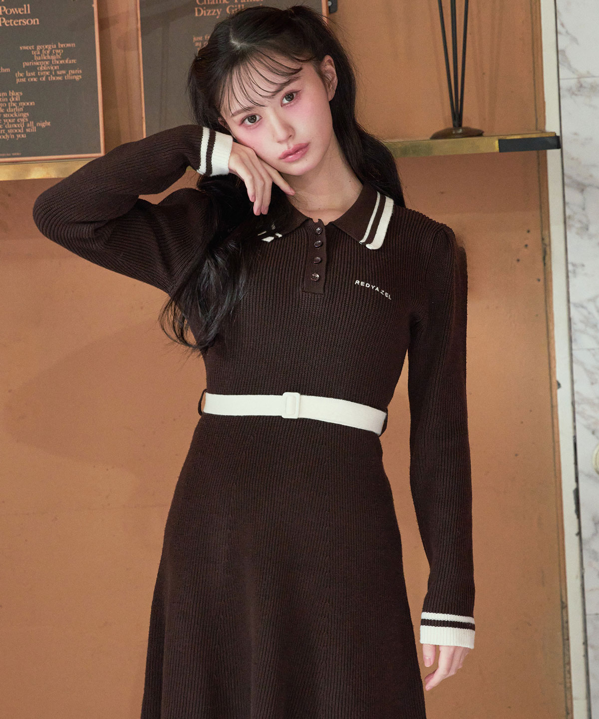 バイカラーポロニットロングスリーブミニワンピース