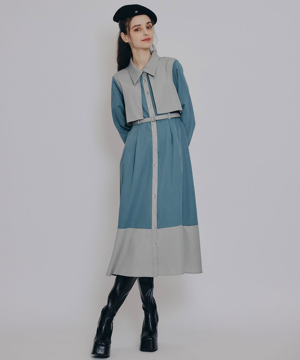 カラーブロッキングシャツロングフレアワンピース