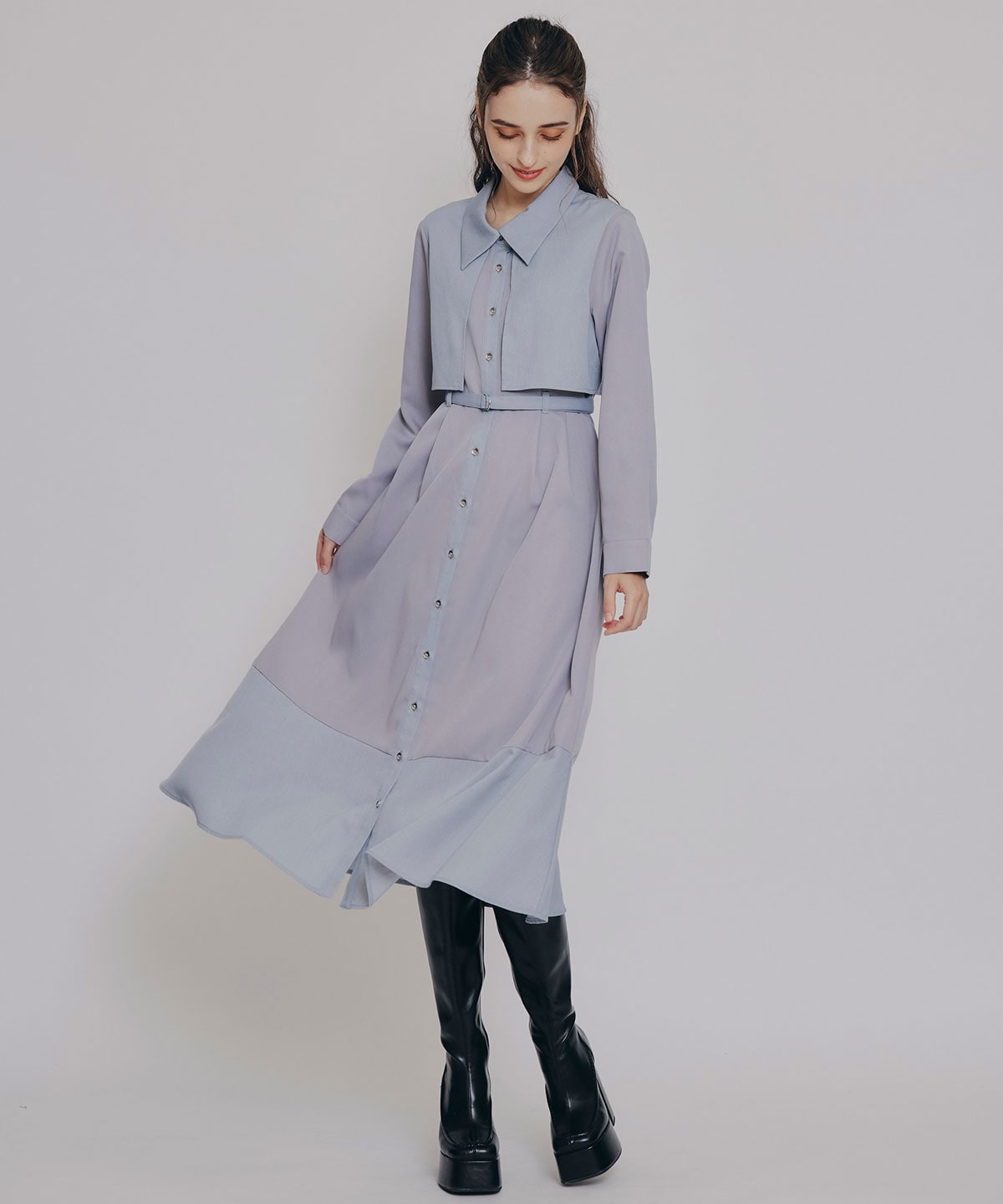 カラーブロッキングシャツロングフレアワンピース