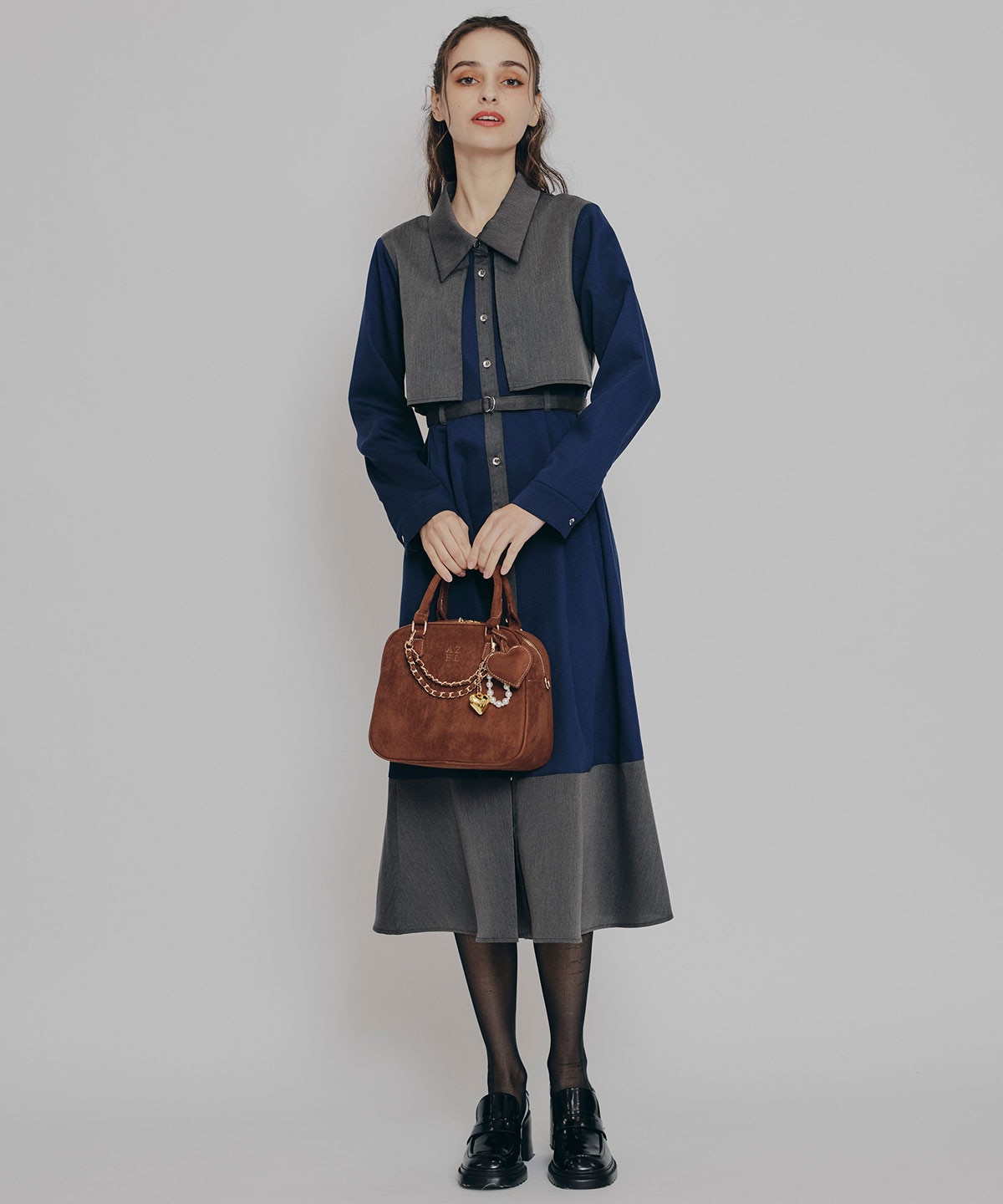 カラーブロッキングシャツロングフレアワンピース