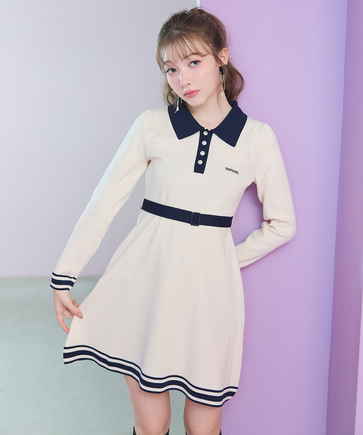 バイカラーポロニットミニワンピース