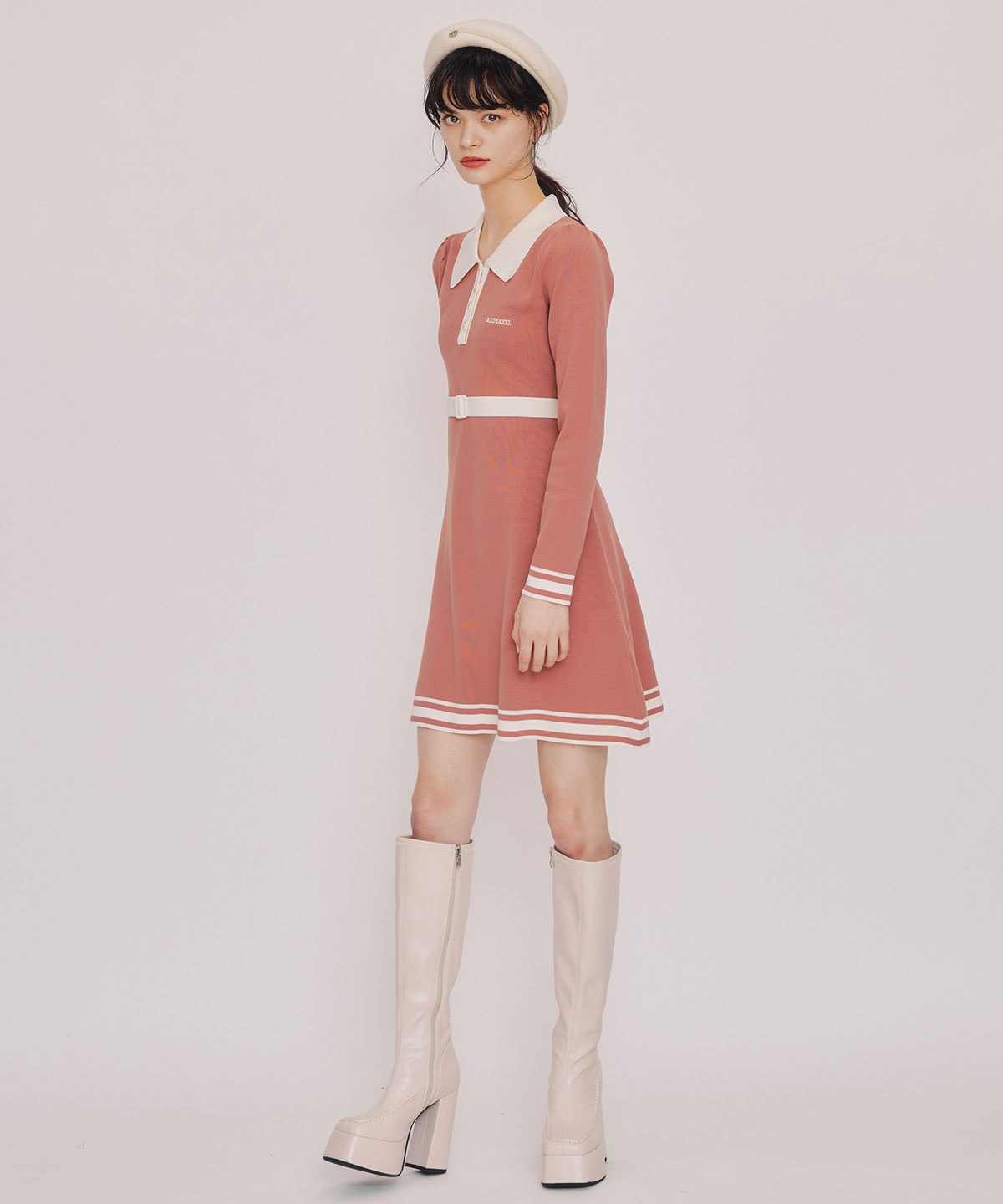 バイカラーポロニットミニワンピース