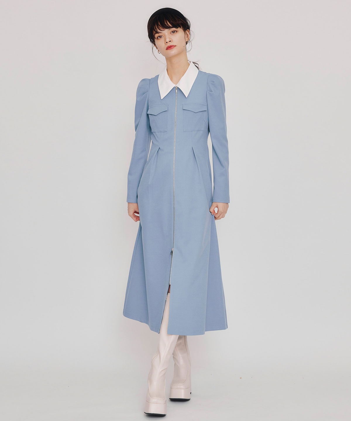 フロントZIPバイカラーロングワンピース