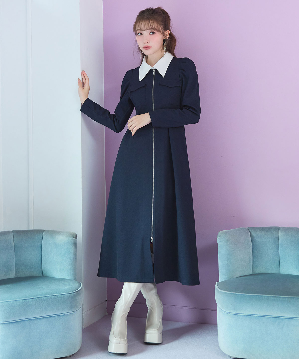 フロントZIPバイカラーロングワンピース