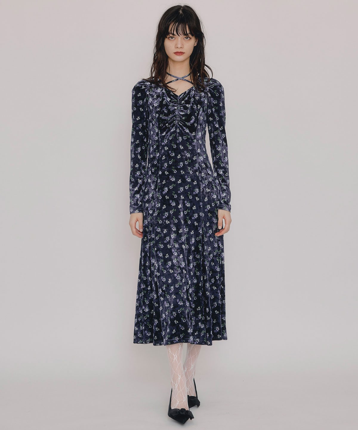 クロスリボンフラワーベロアロングワンピース