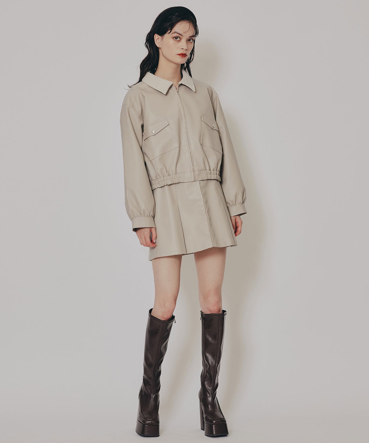 【セットアップ可能】フェイクレザージップブルゾン