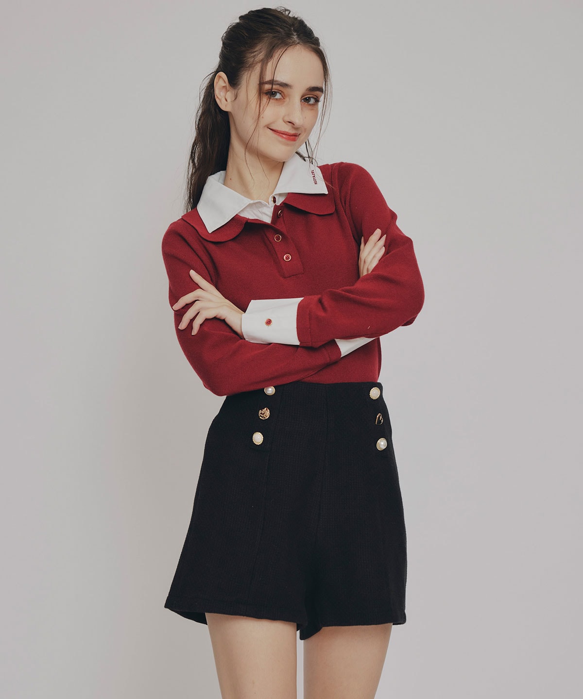 ダブルカラーポロニットトップス