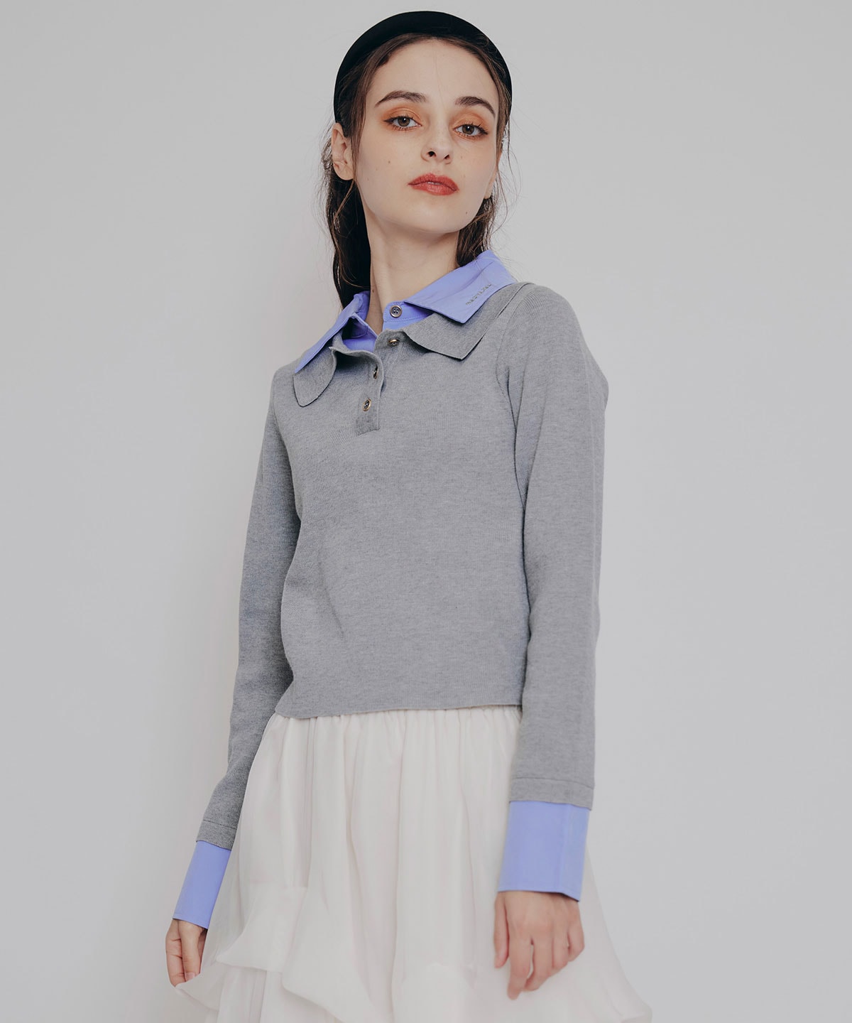 ダブルカラーポロニットトップス