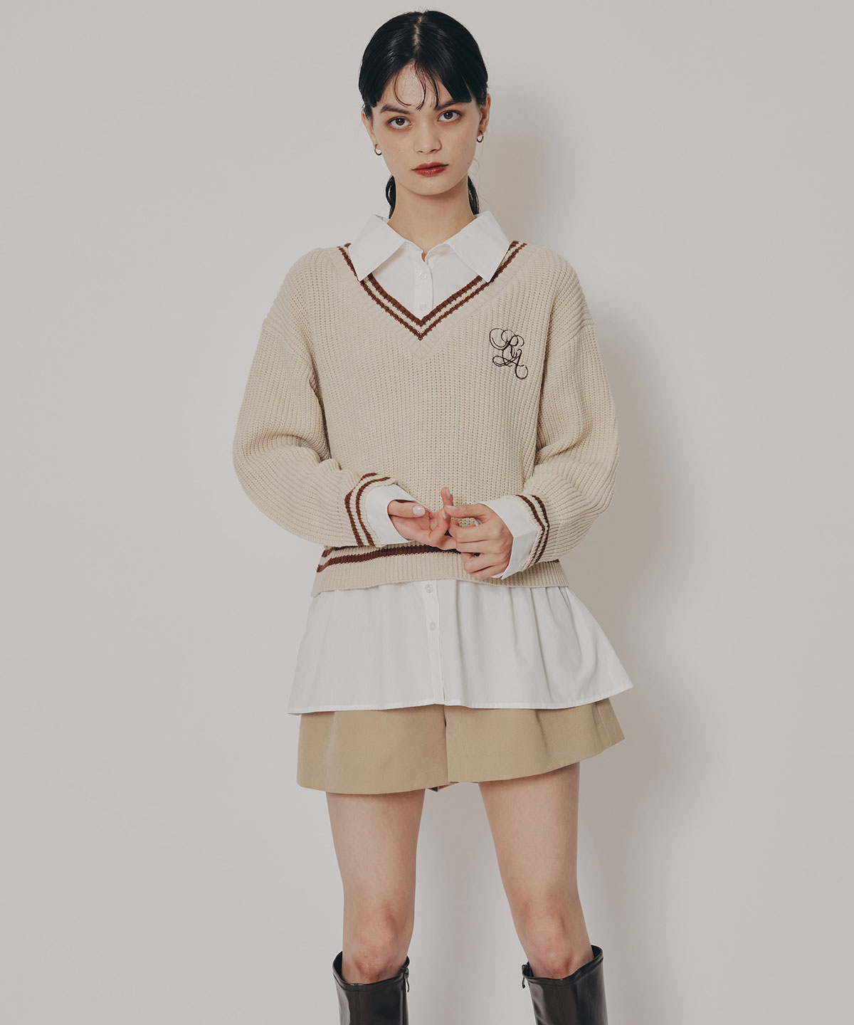 レイヤードシャツドッキングニットプルオーバー