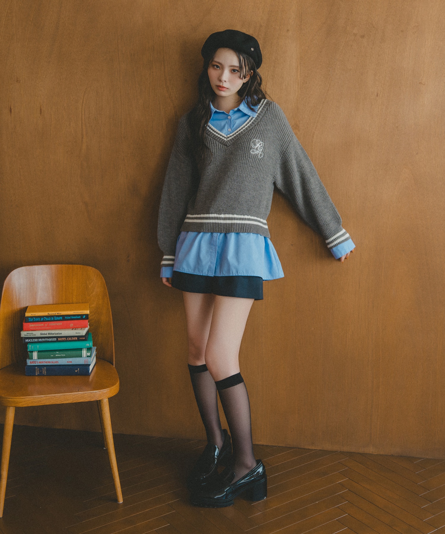 レイヤードシャツドッキングニットプルオーバー