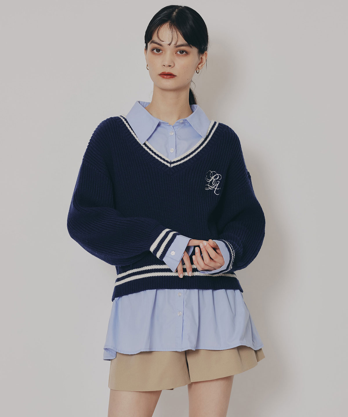 レイヤードシャツドッキングニットプルオーバー