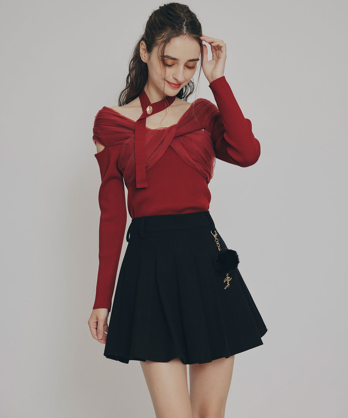 チョーカークロスチュールニットトップス