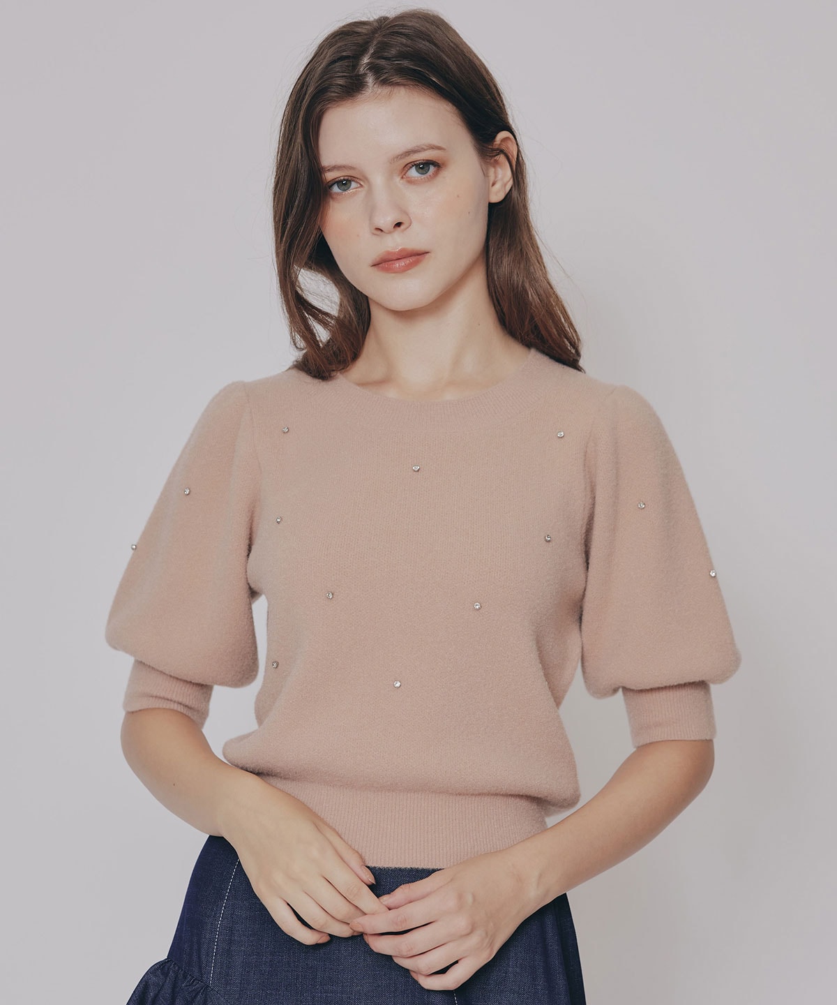 ビジューパフスリーブニットトップス