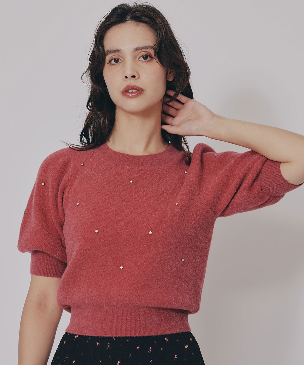 ビジューパフスリーブニットトップス