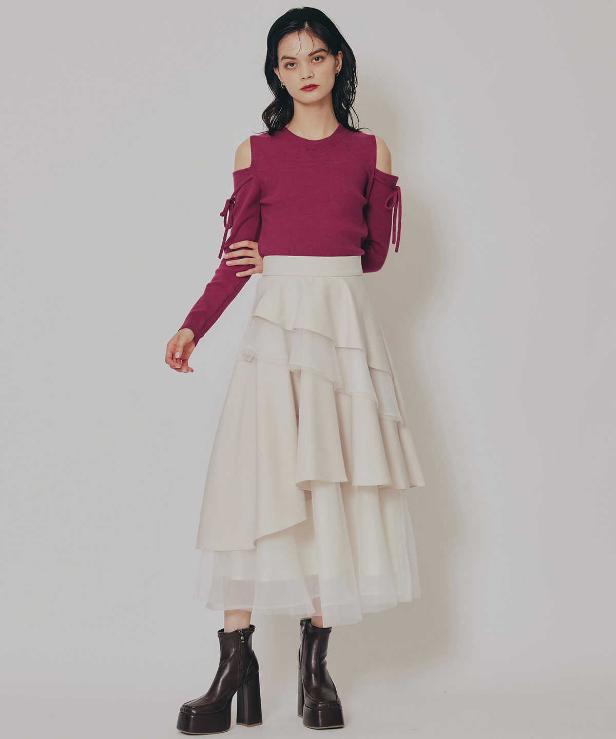 リボンオフショルダーニットトップス