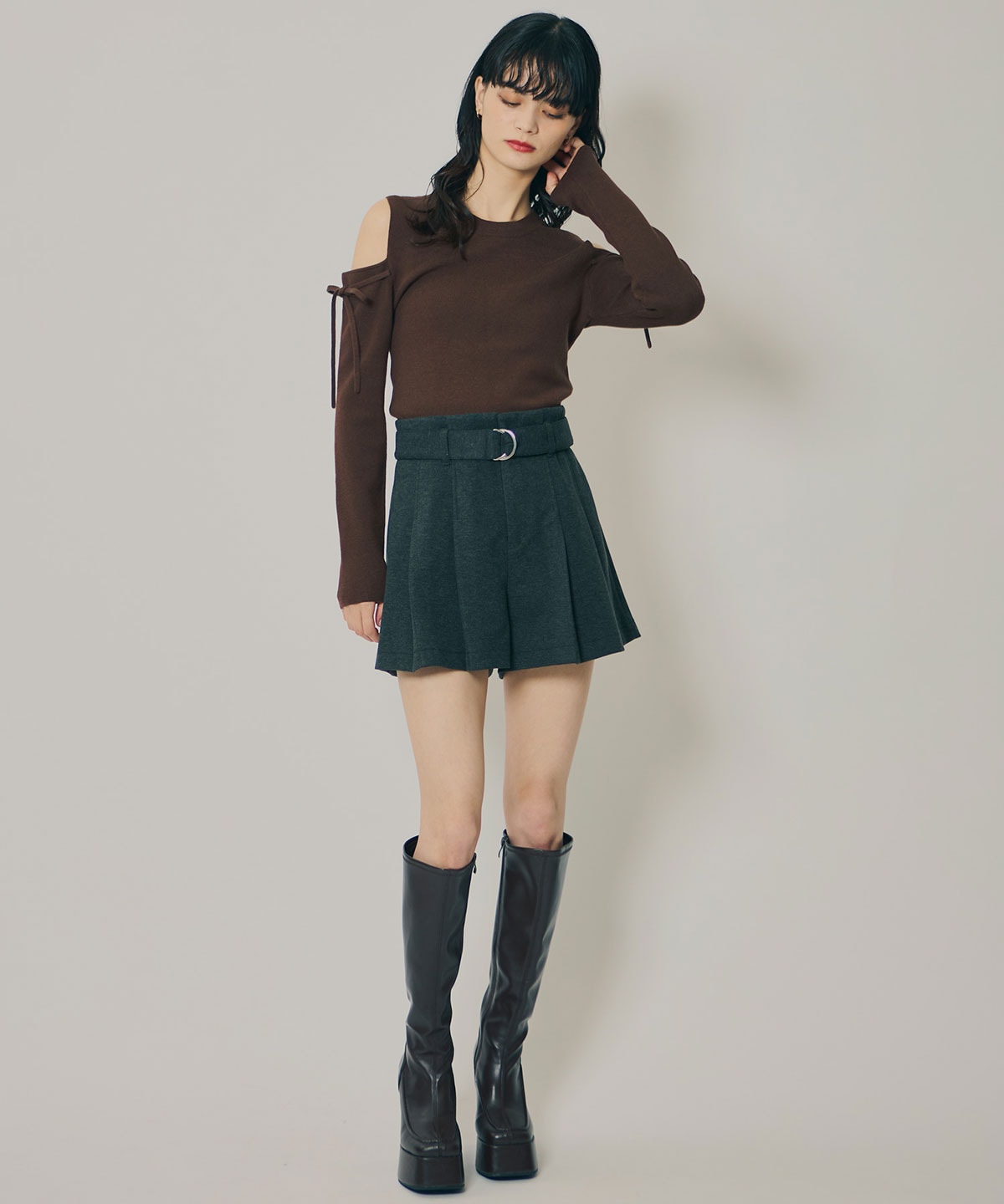 リボンオフショルダーニットトップス