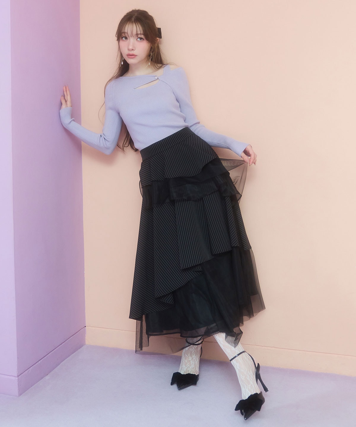 アシンメトリーレイヤードライクニットプルオーバー