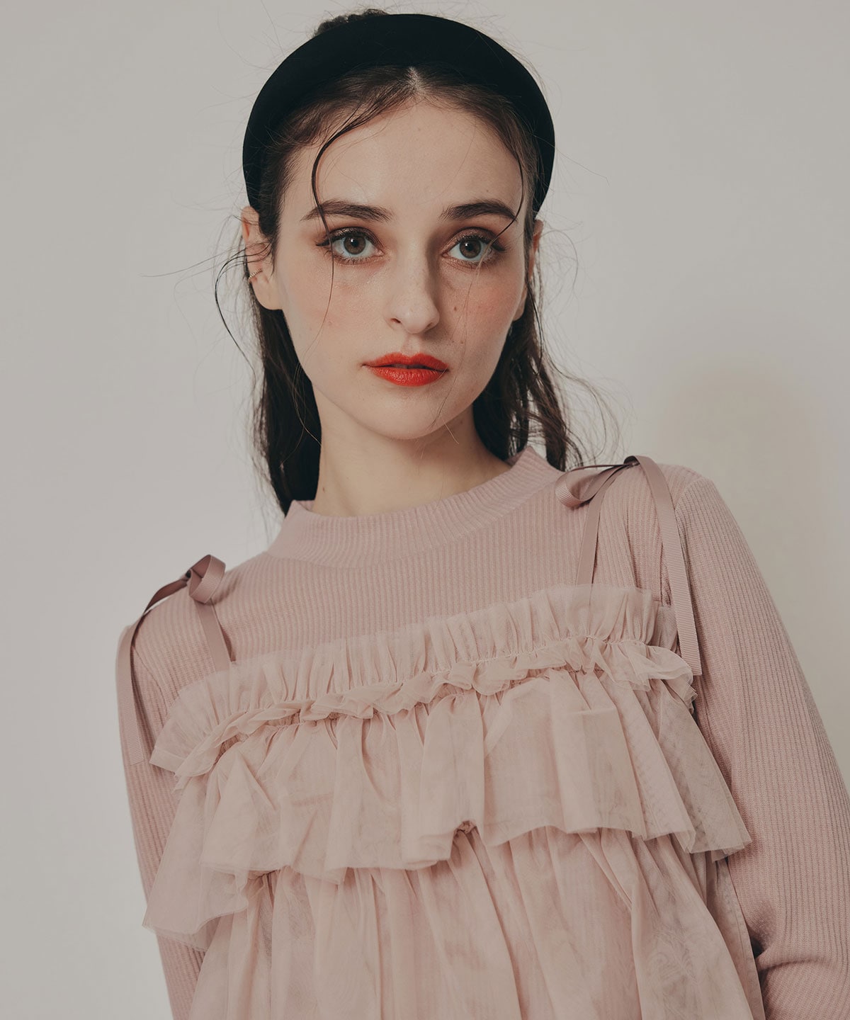 リボンチュールフリルビスチェニットトップス