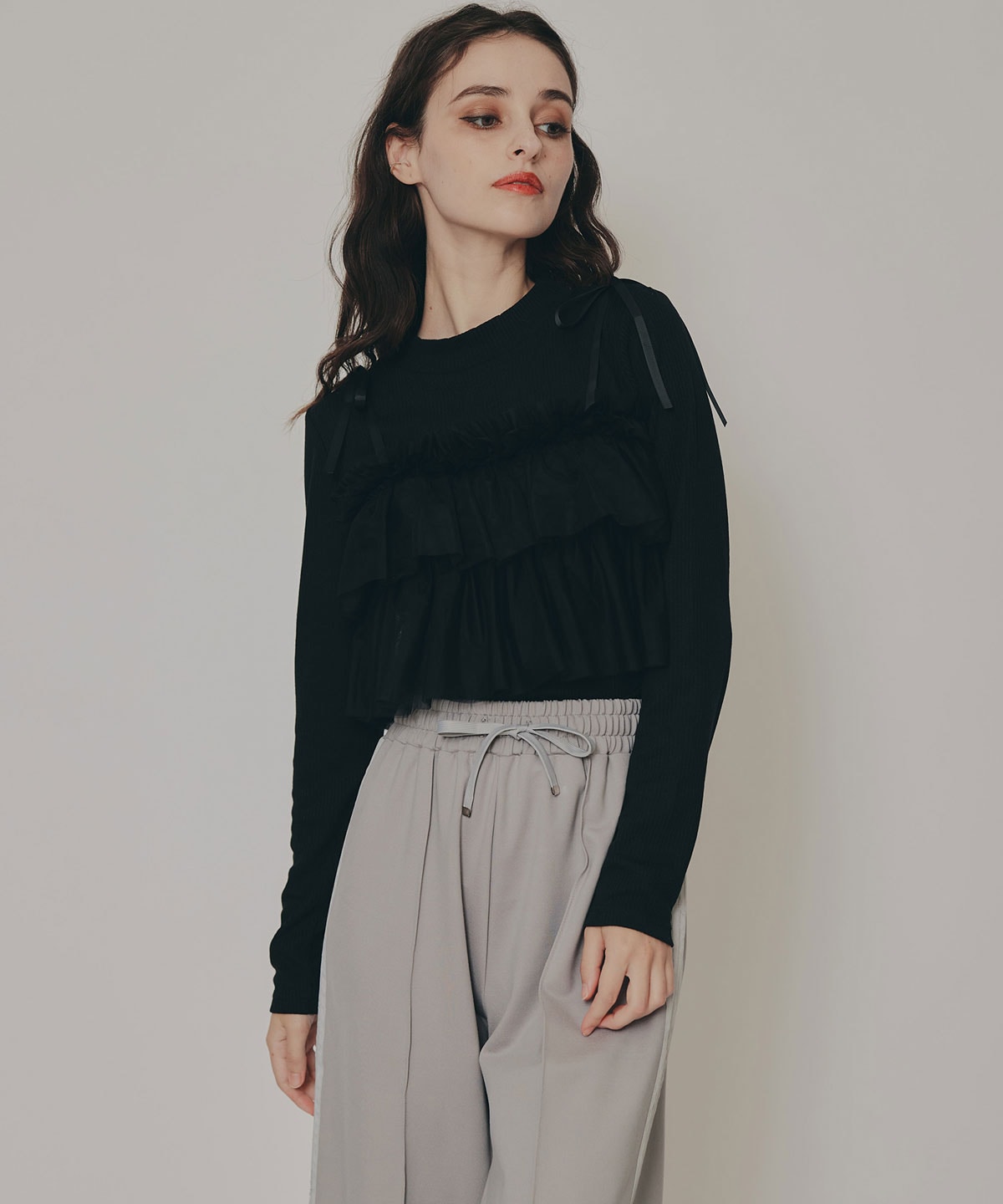 リボンチュールフリルビスチェニットトップス