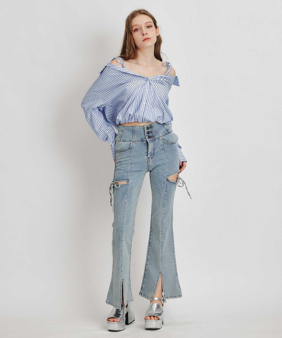 ベアレイヤードストライプバルーンオフショルブラウス