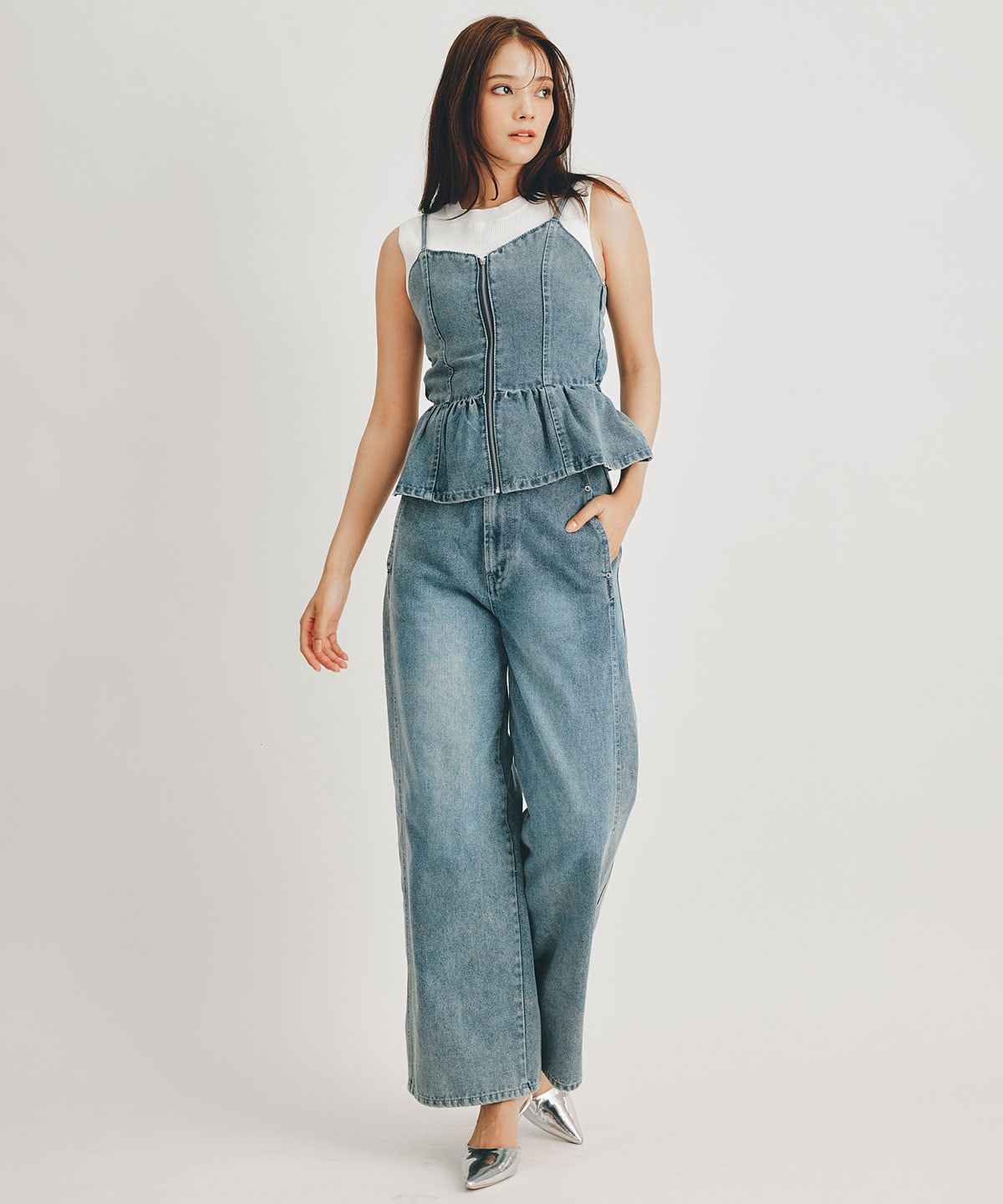 【Vintage Denim Series】ヴィンテージウォッシュバックレースアップデニムビスチェ