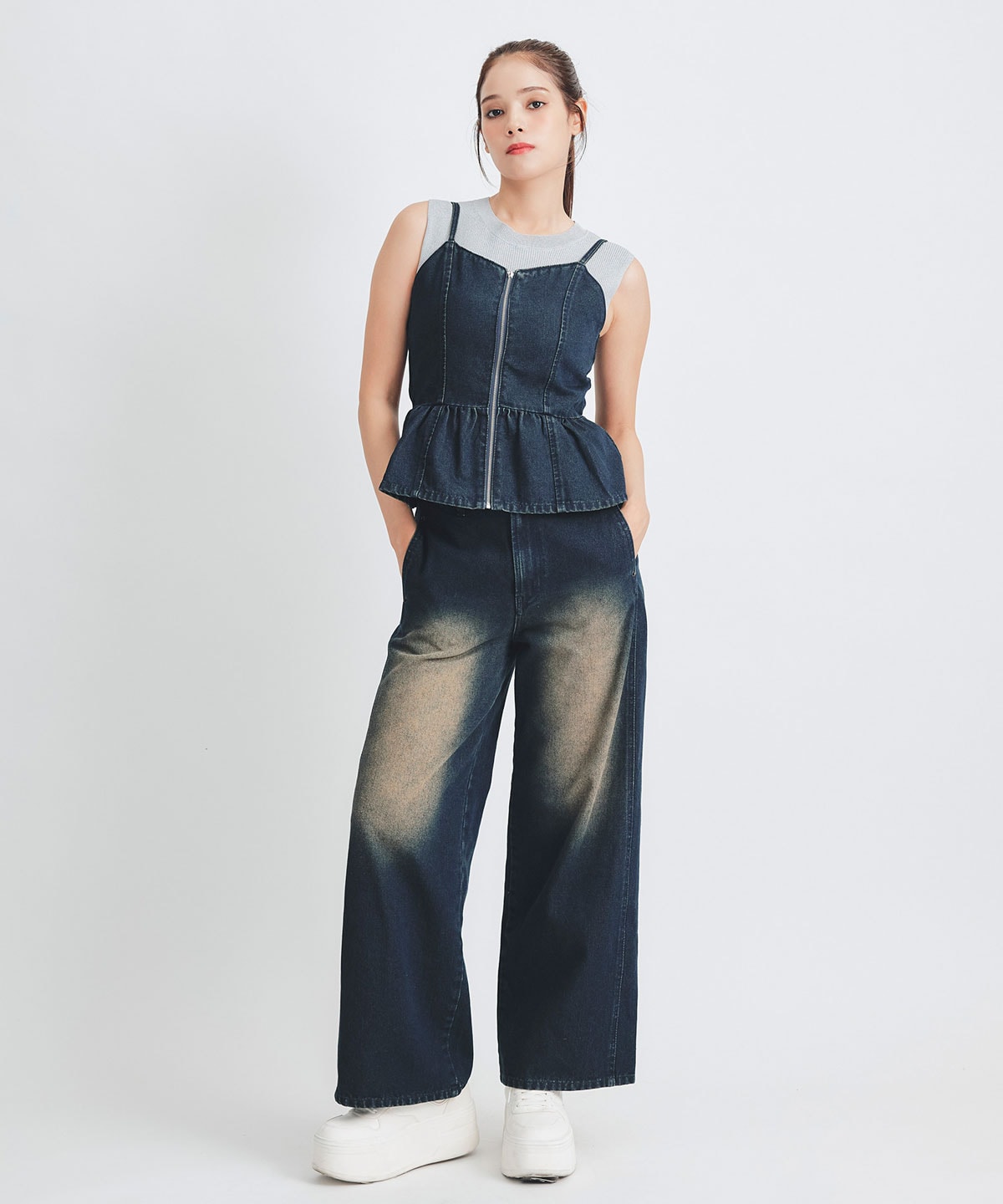 【Vintage Denim Series】ヴィンテージウォッシュバックレースアップデニムビスチェ