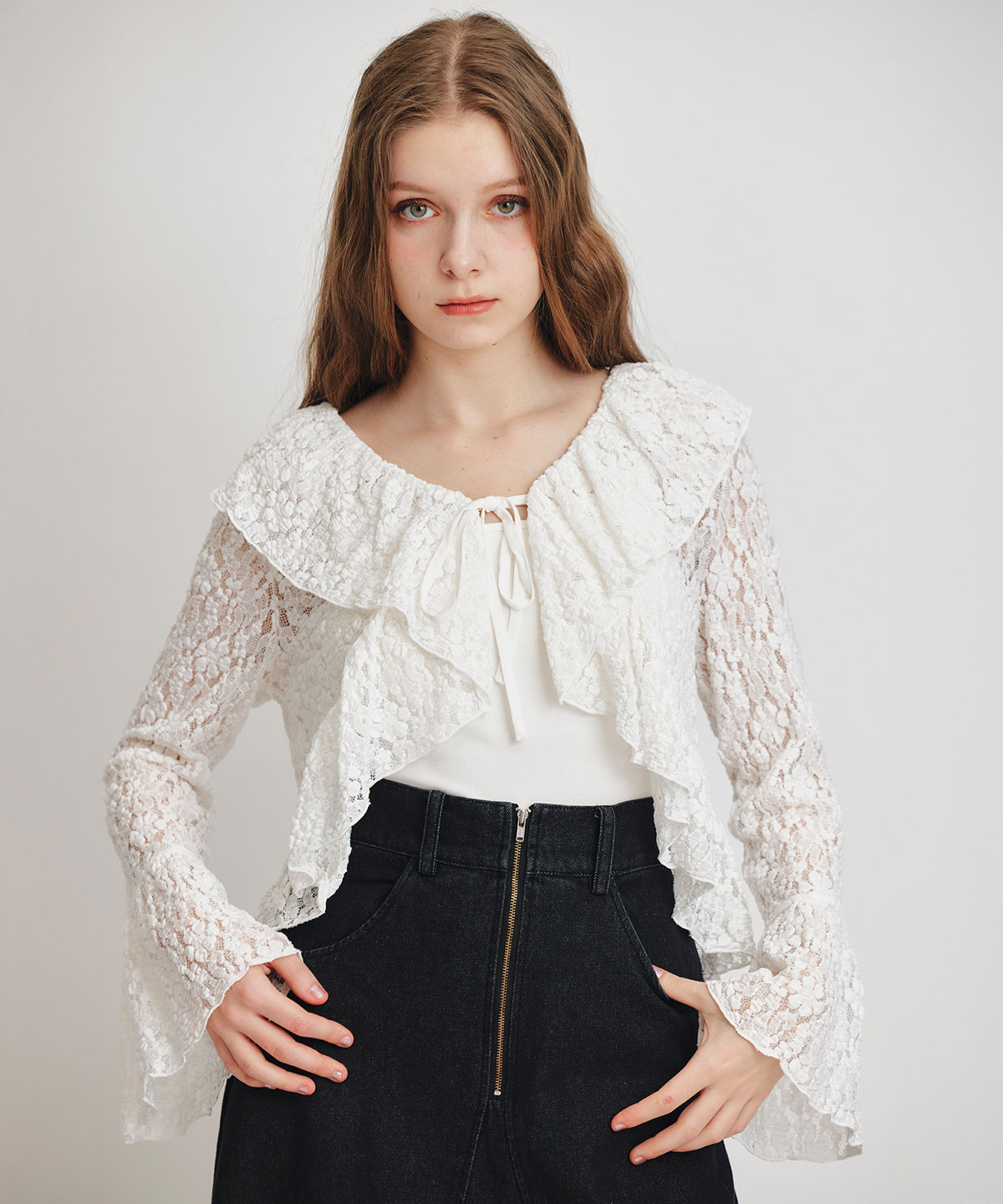 レースフリルカラーショートカーディガン