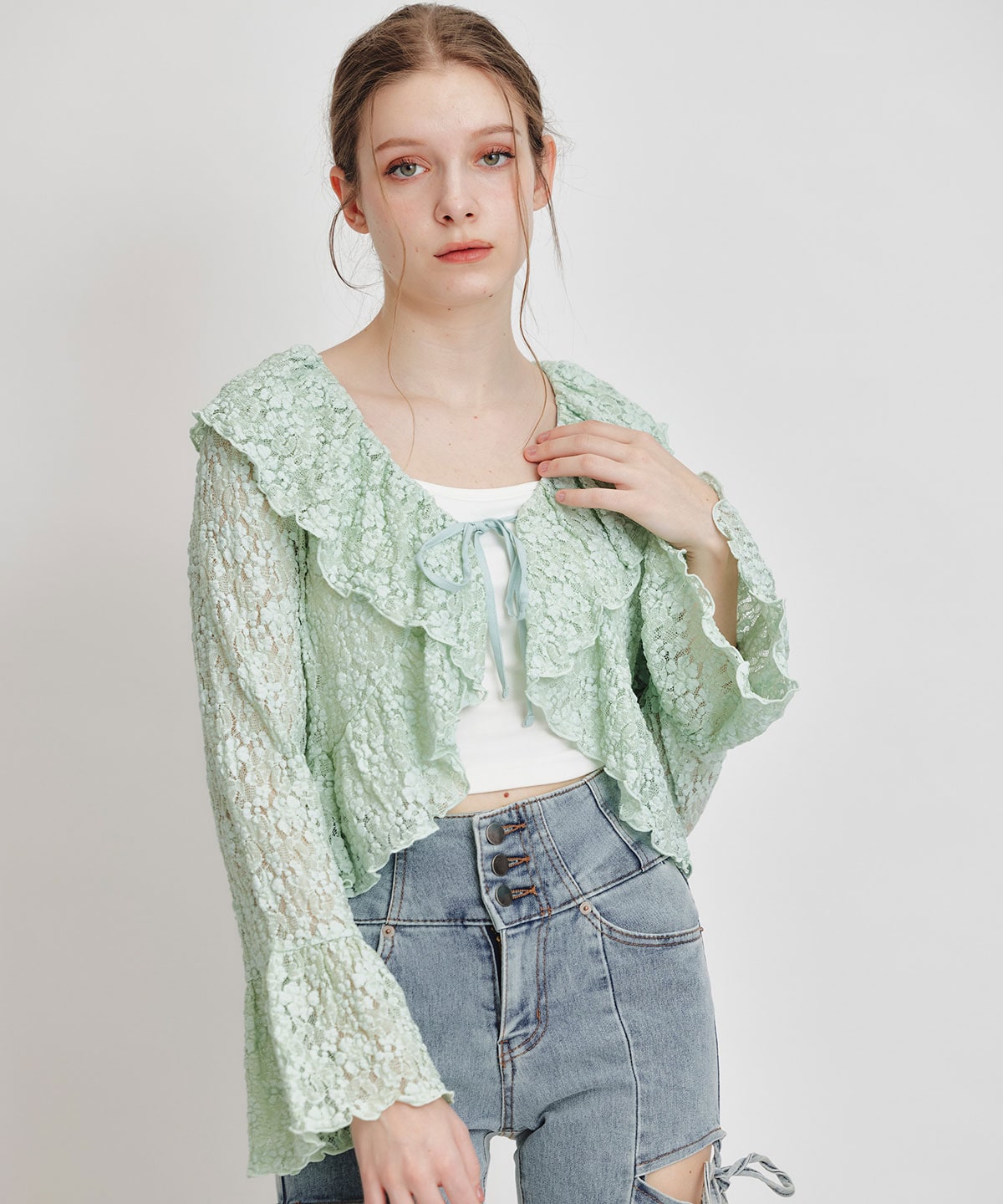 レースフリルカラーショートカーディガン