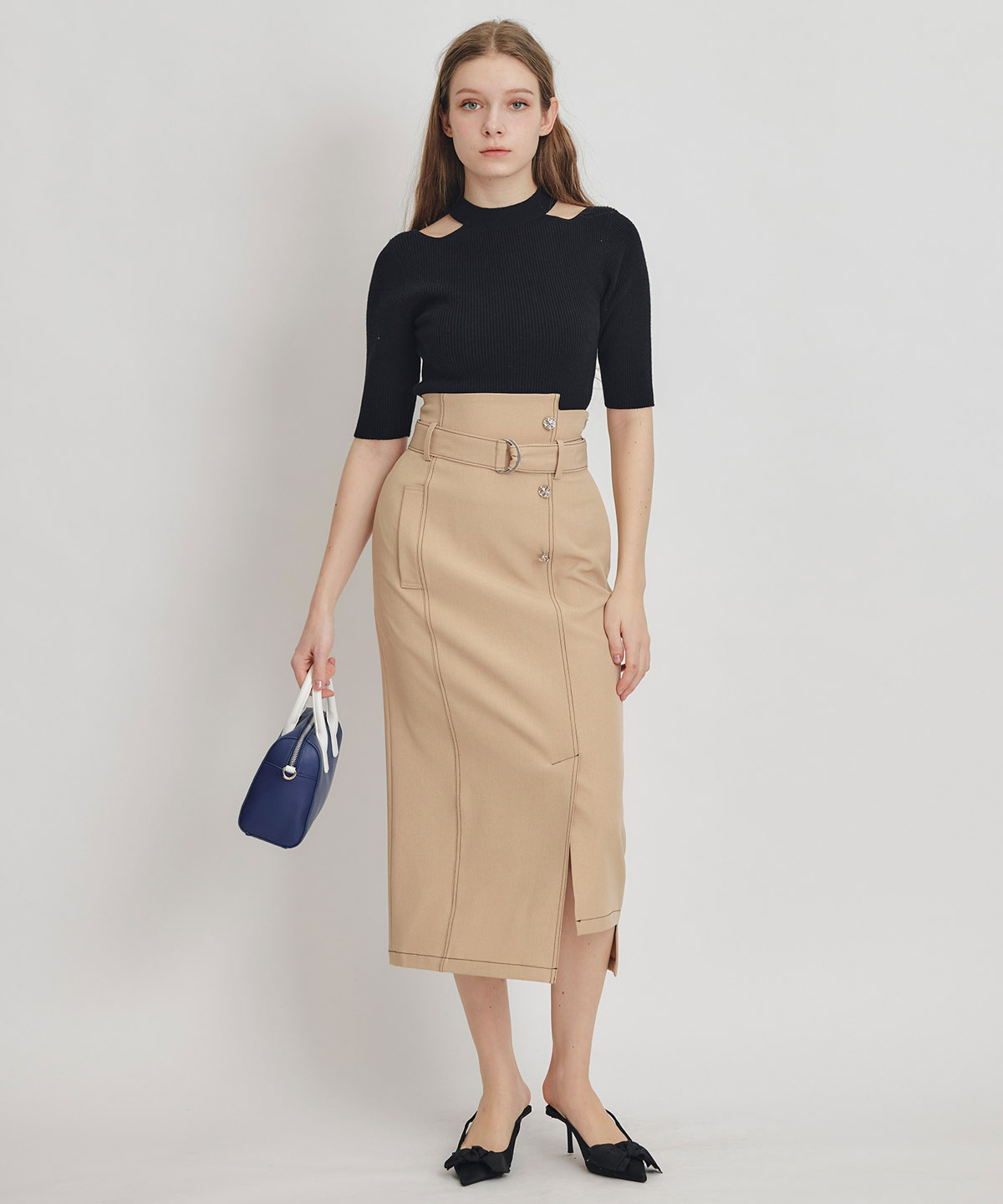 バイカラーステッチカッティングハイウエストタイトロングスカート