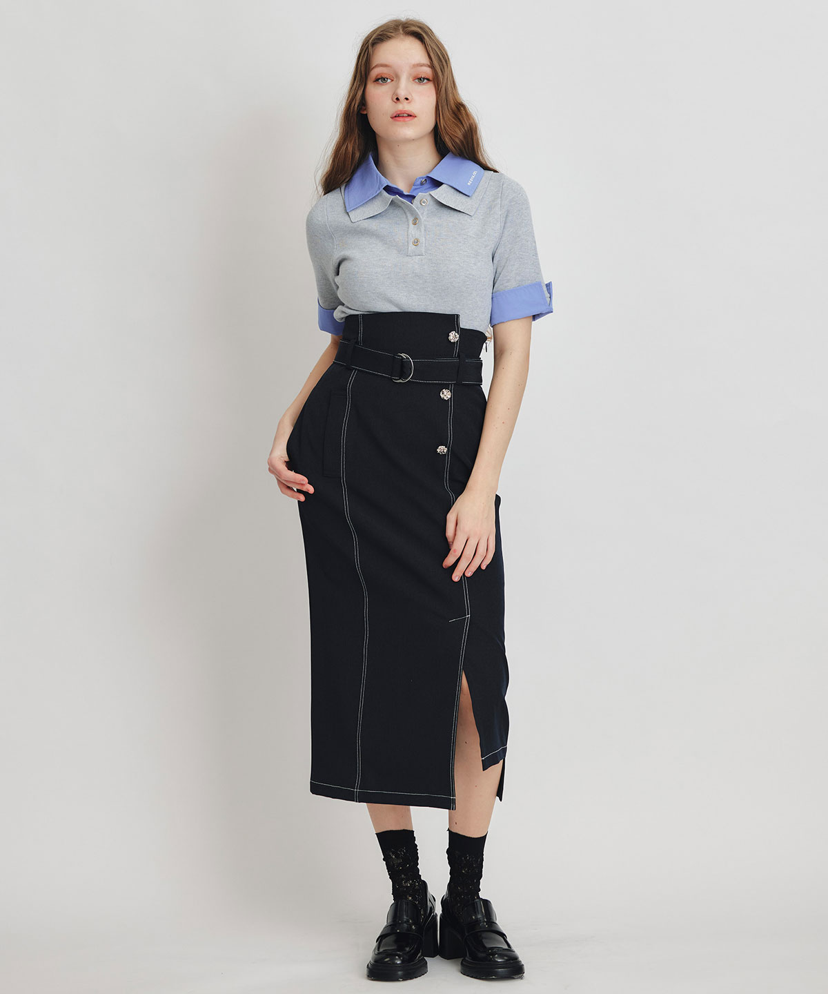 バイカラーステッチカッティングハイウエストタイトロングスカート