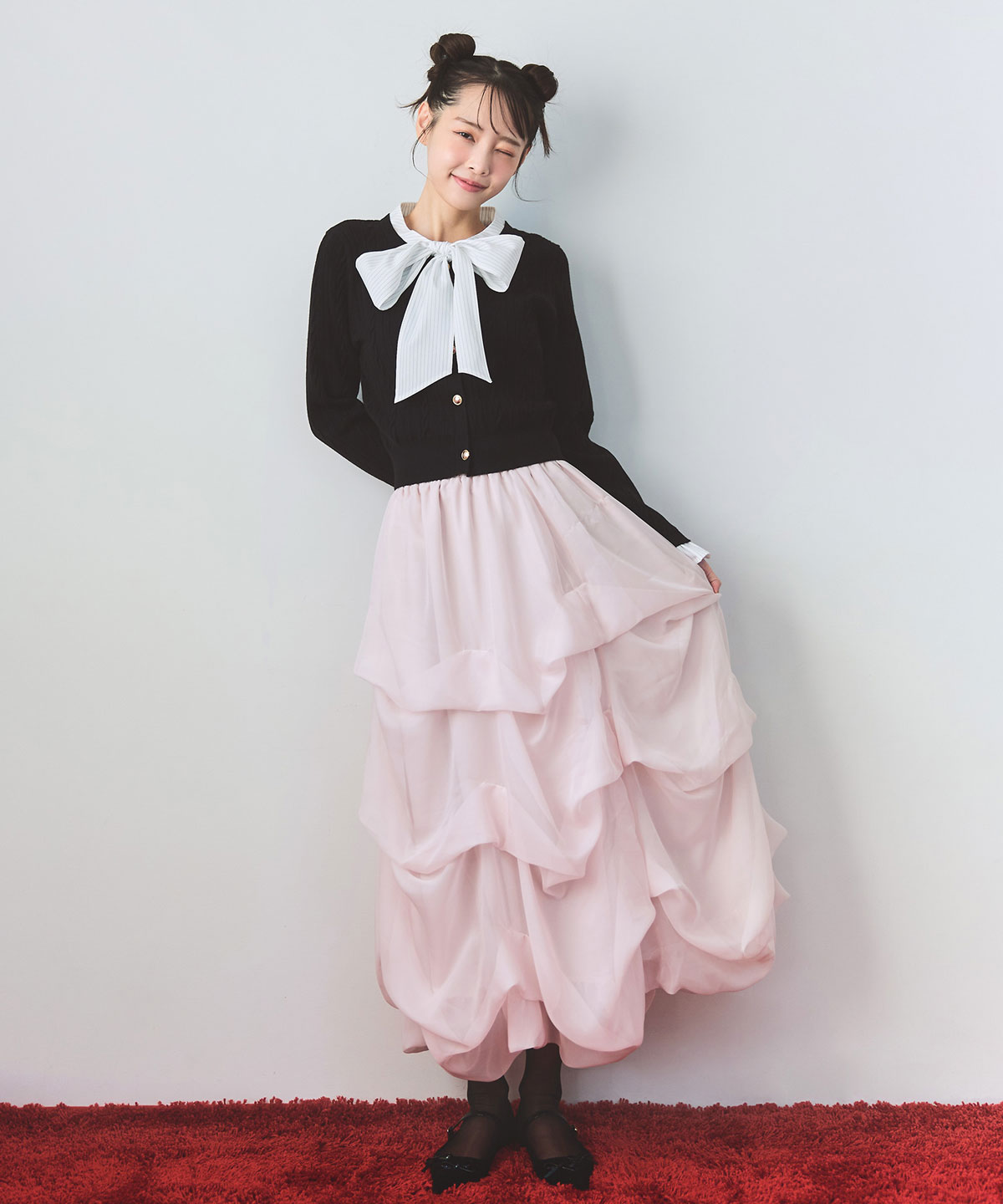 タックバルーンボリュームシフォンロングスカート