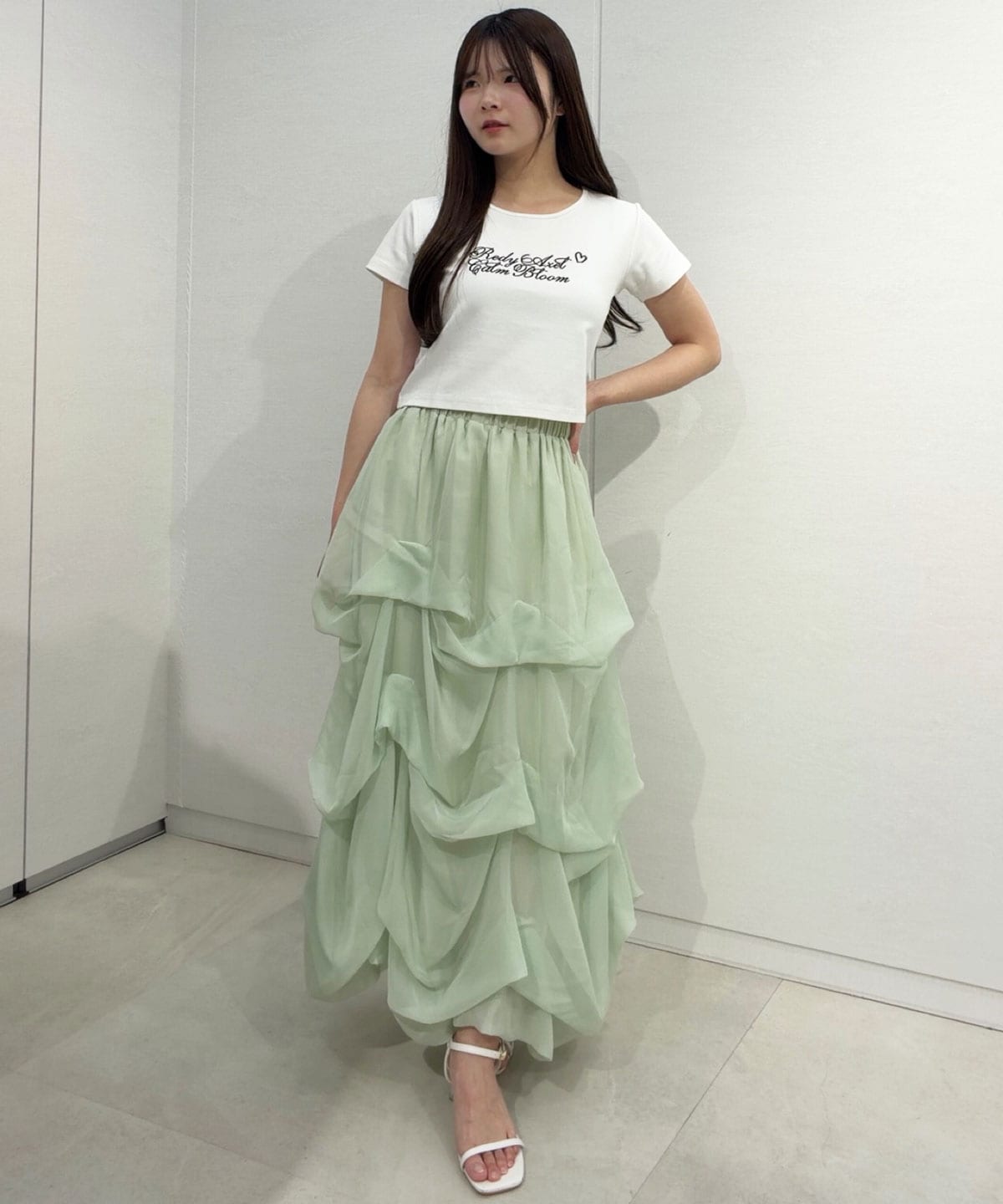 タックバルーンボリュームシフォンロングスカート