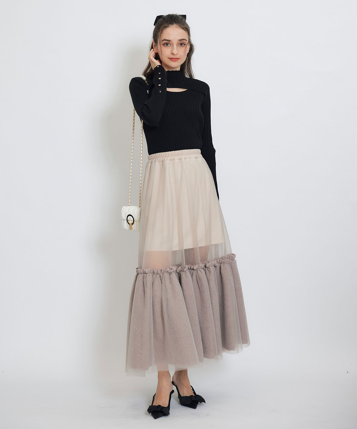ボリュームシアーチュールフレアロングスカート