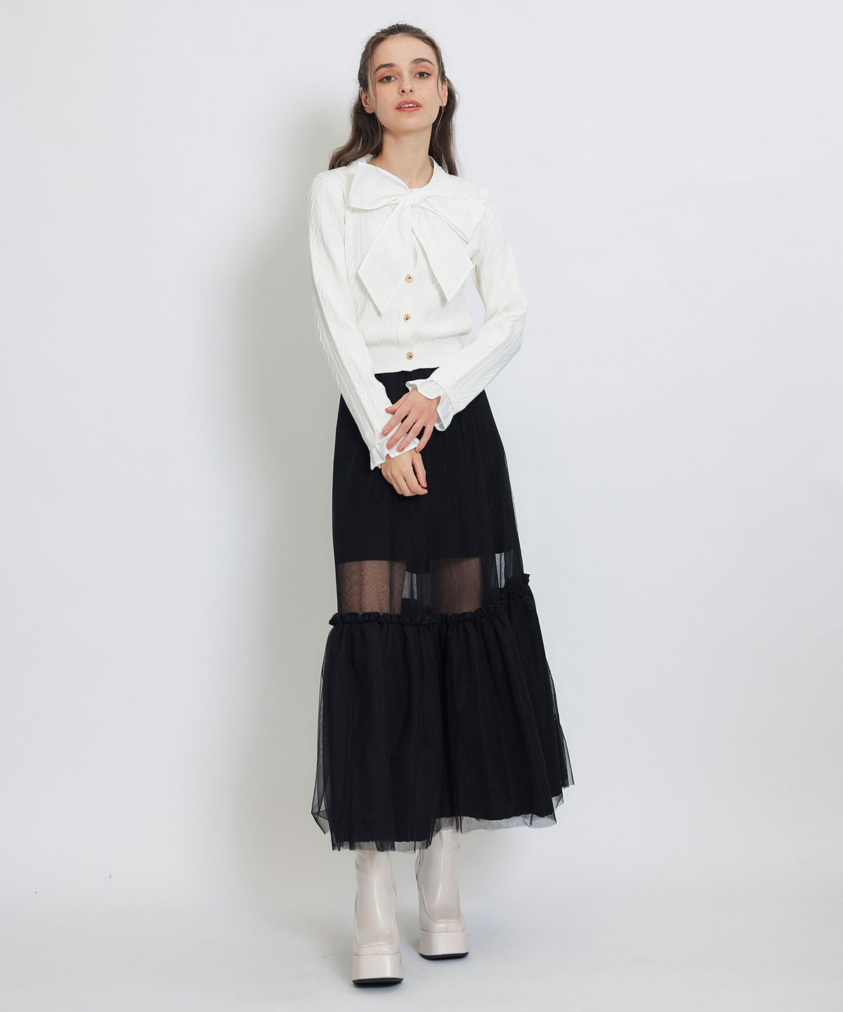 ボリュームシアーチュールフレアロングスカート