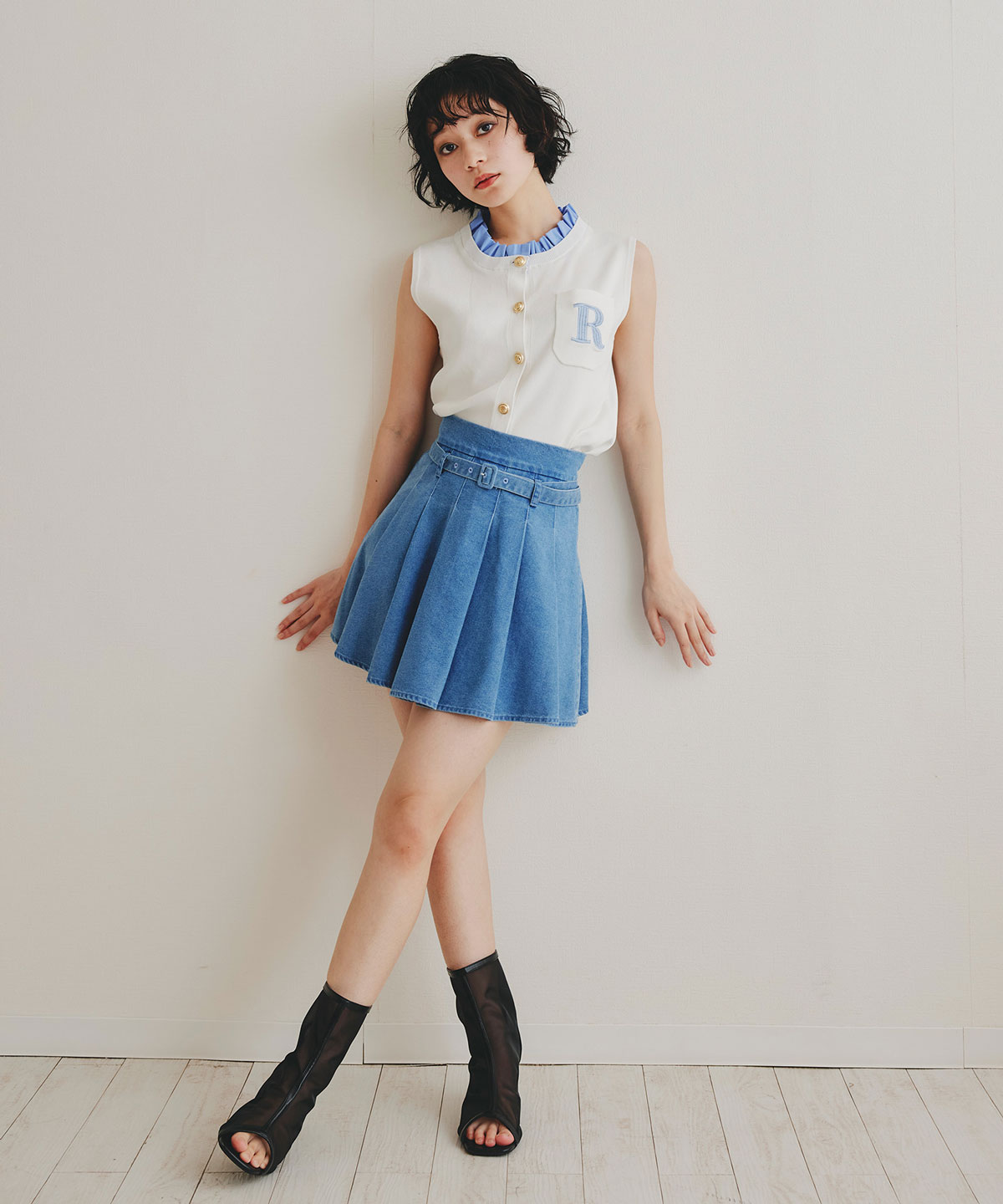 デニムプリーツハイウエストミニスカート