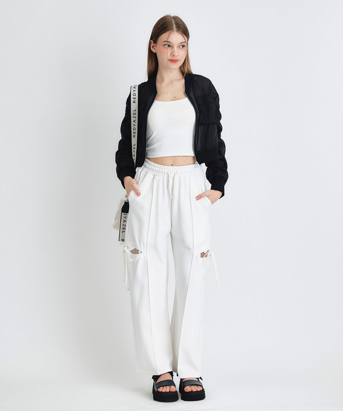 サイドカッティングリボンワイドパンツ