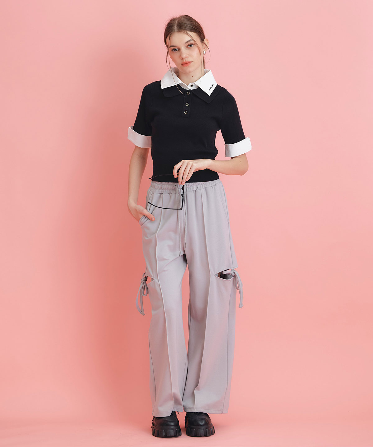 サイドカッティングリボンワイドパンツ