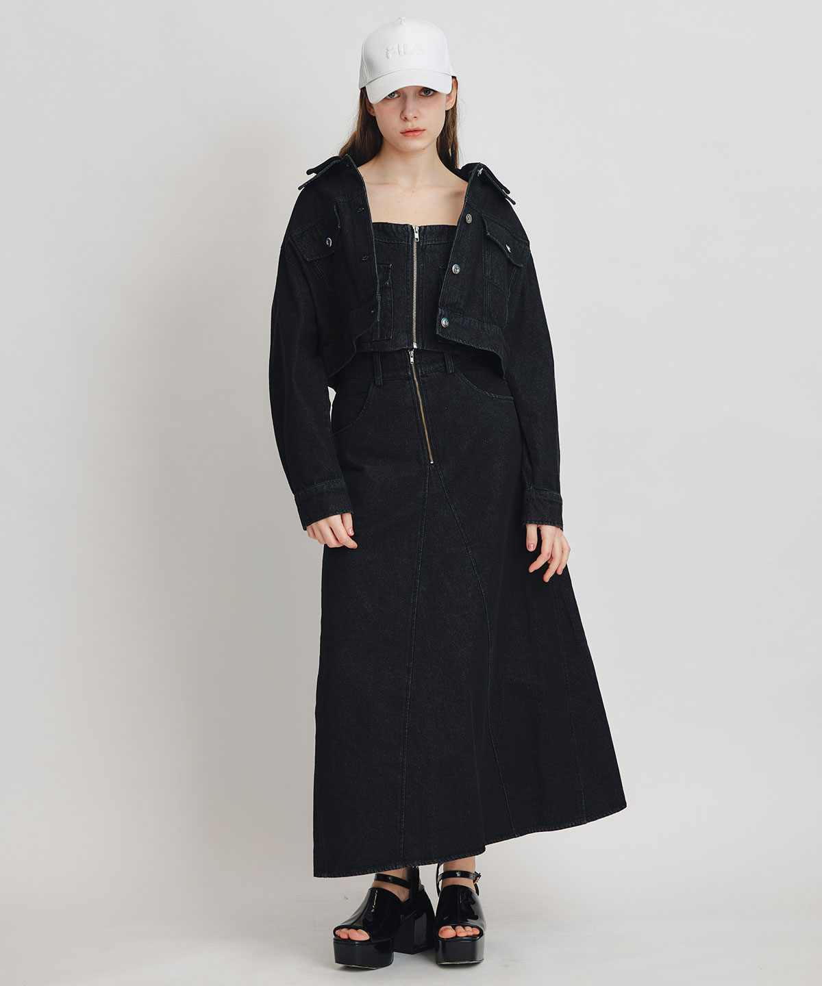 【Chemical Wash Series】ケミカルウォッシュデニムショートビスチェ×ZIPフレアロングスカート