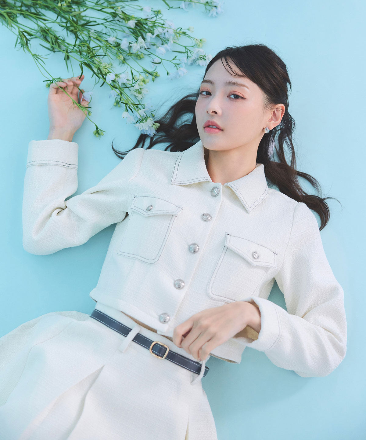 ダブルステッチツイードブラウス×フレアロングスカートセットアップ