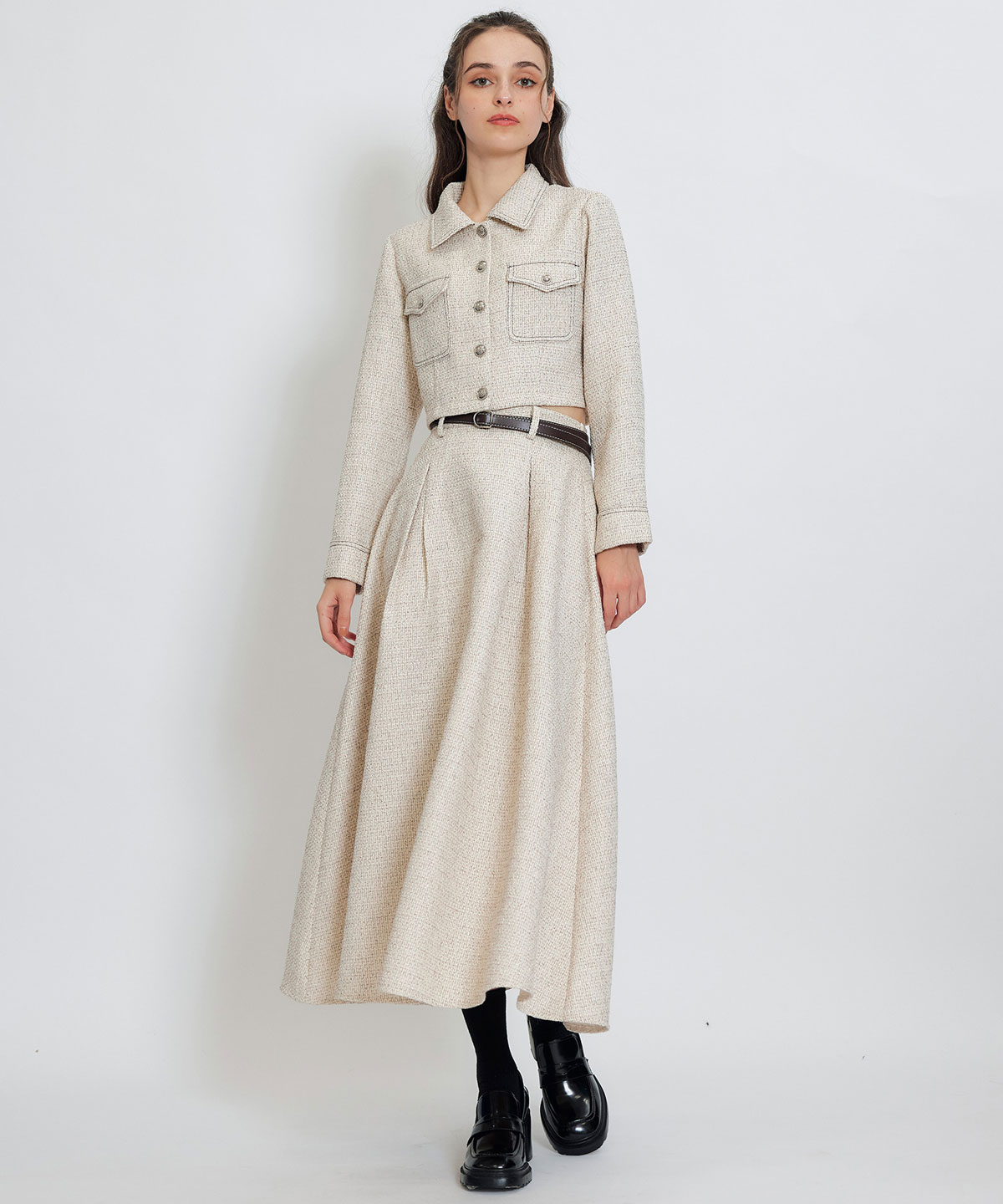 ダブルステッチツイードブラウス×フレアロングスカートセットアップ