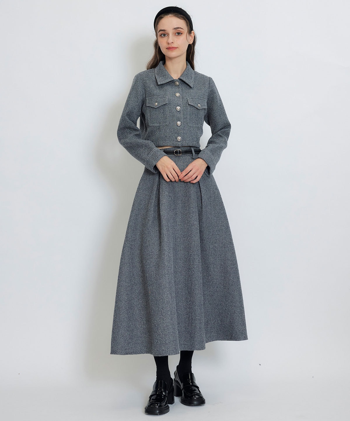 ダブルステッチツイードブラウス×フレアロングスカートセットアップ