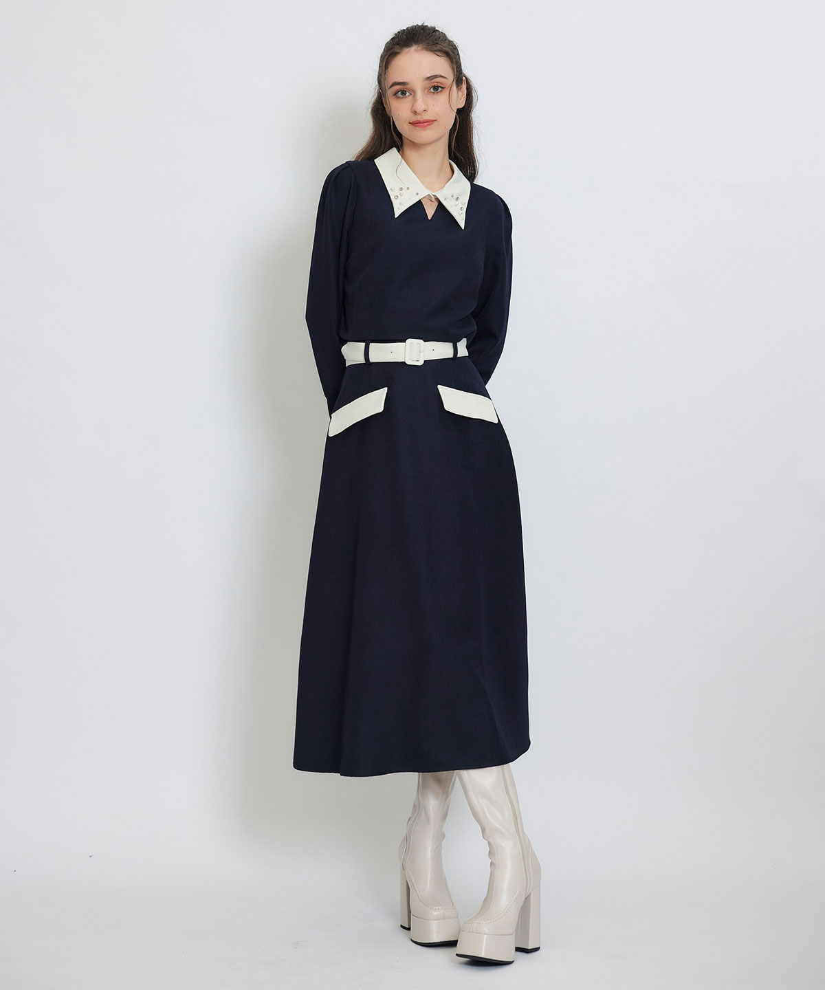 ビジューカラーコンパクトブラウス×バイカラーロングフレアスカートセットアップ