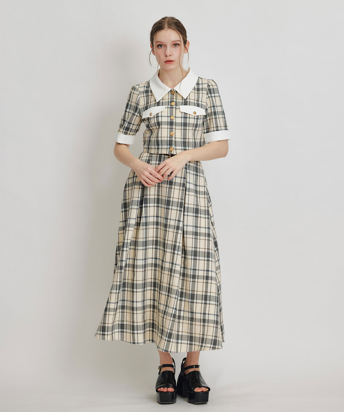 バイカラーチェックブラウス×フレアロングスカートセットアップ