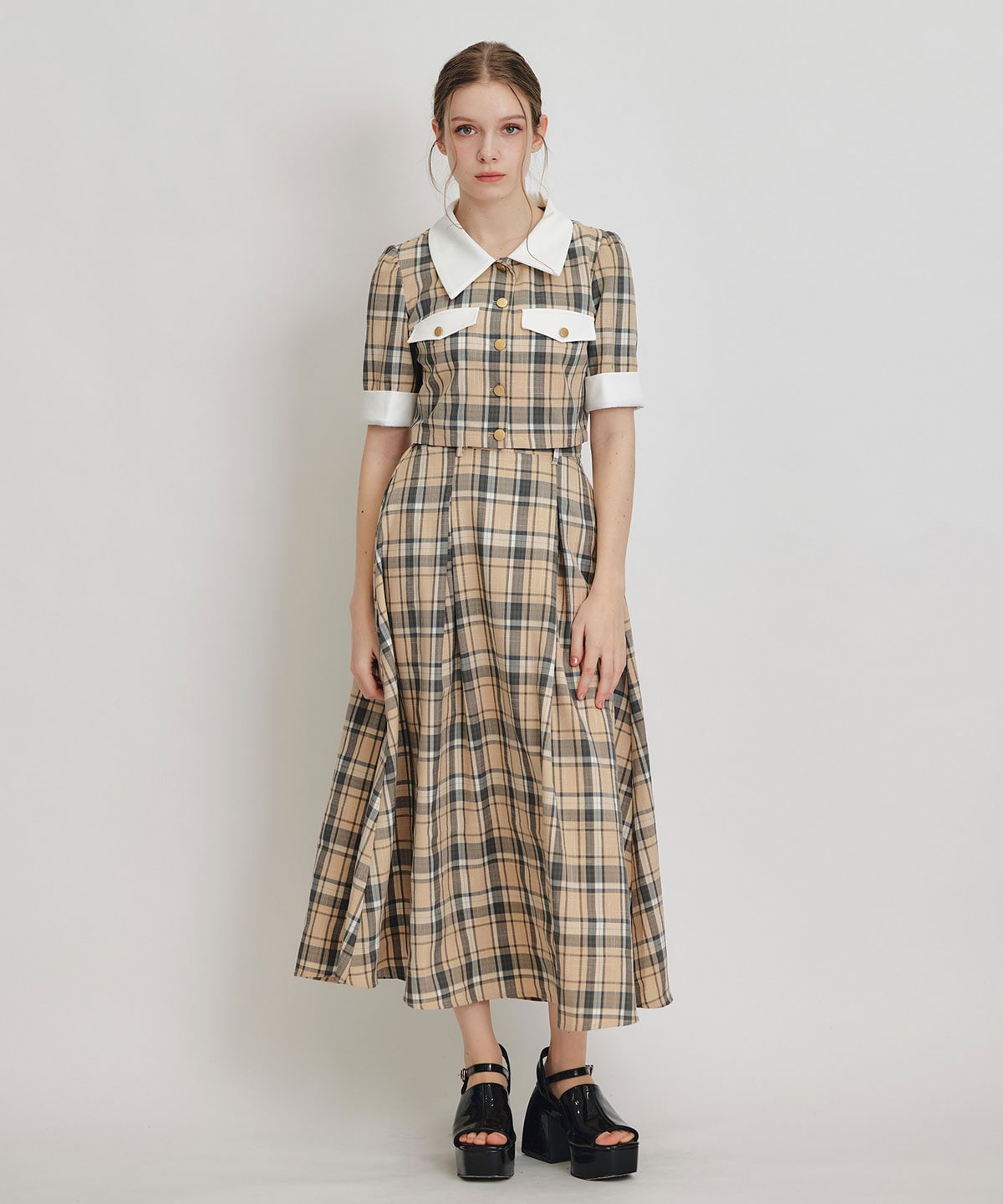 バイカラーチェックブラウス×フレアロングスカートセットアップ