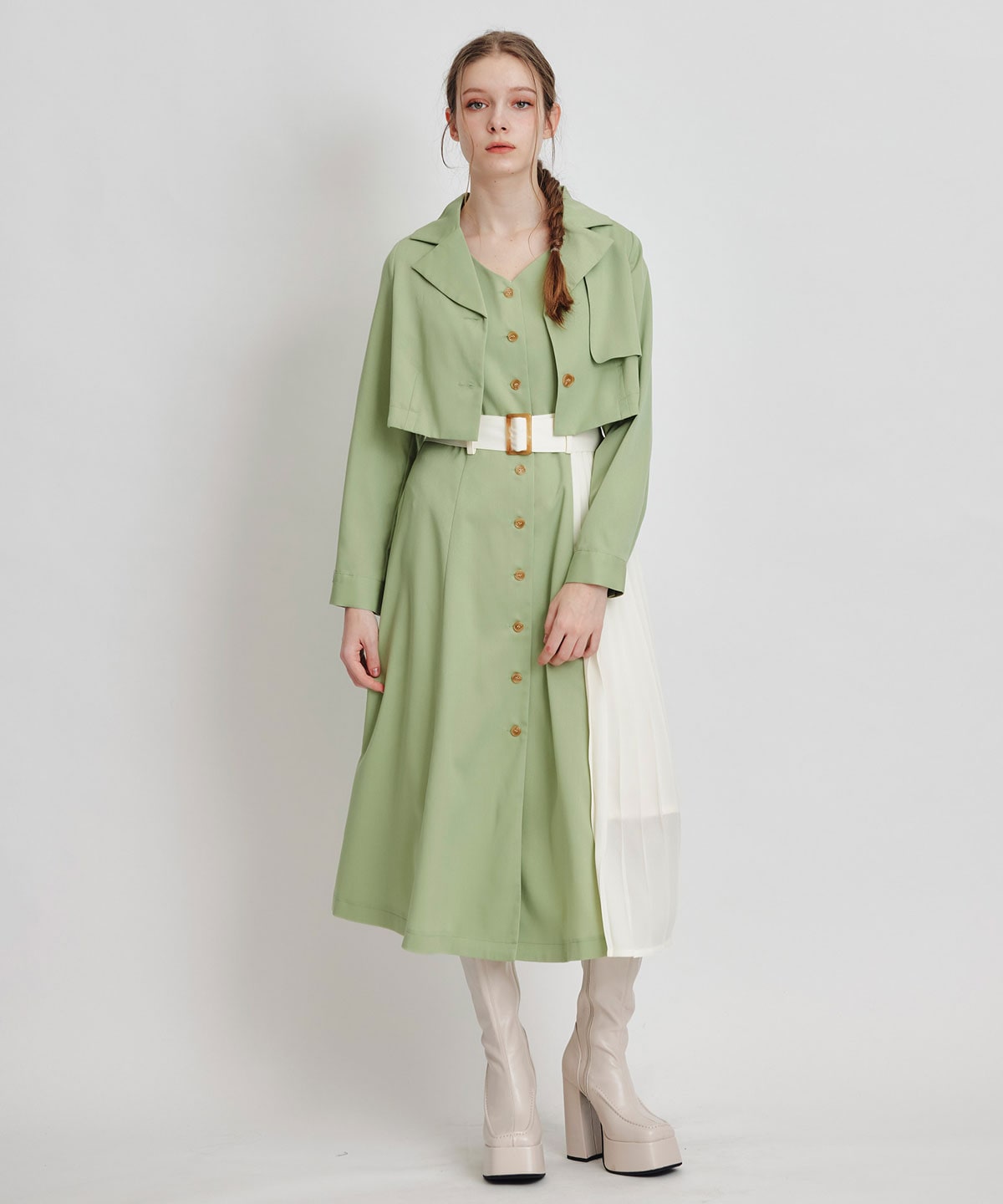 トレンチディティールショートシャツジャケット×バイカラープリーツフレアロングワンピースセットアップ