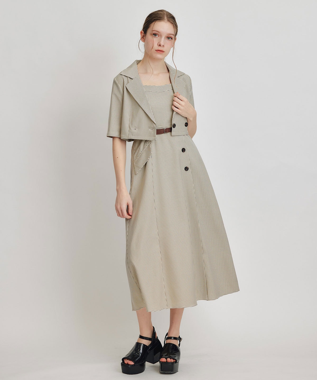 チェックショートジャケットｘアクセントベルトフレアロングワンピースセットアップ