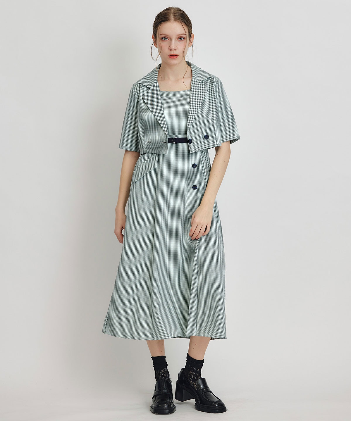 チェックショートジャケットｘアクセントベルトフレアロングワンピースセットアップ