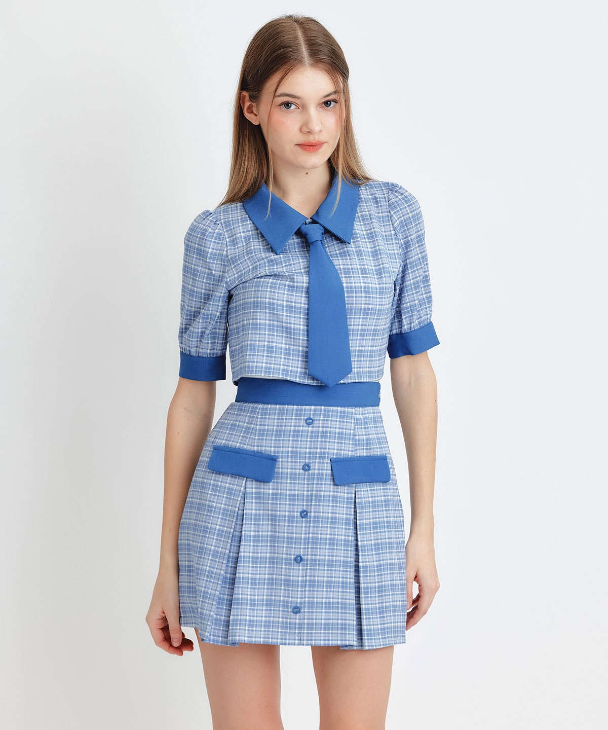 プレッピーネクタイチェックブラウス×プリーツミニスカートセットアップ