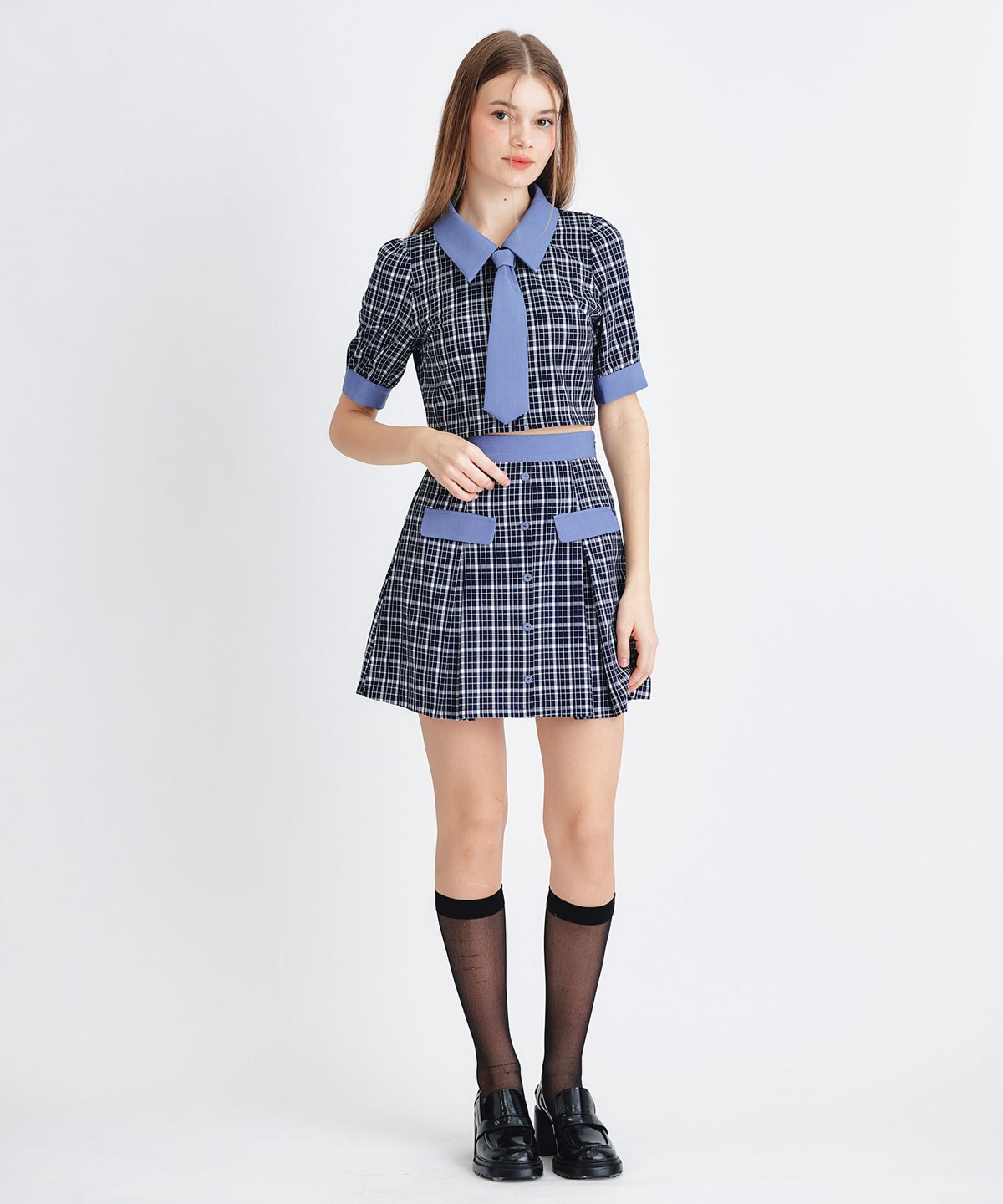 プレッピーネクタイチェックブラウス×プリーツミニスカートセットアップ